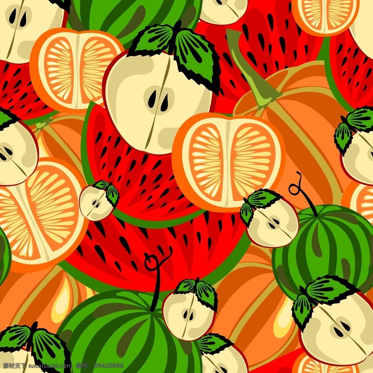 矢量 缤纷 可爱 水果 背景 菠萝 花纹 卡通 梨子 柠檬 苹果 樱桃 矢量图 花纹花边
