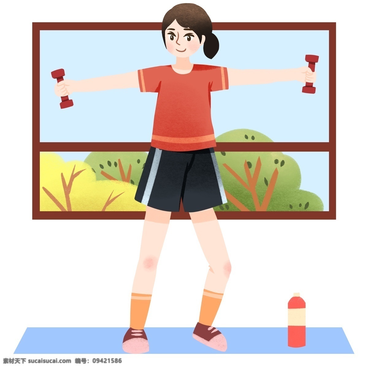 哑铃 健身 小女孩 运动健身插画 哑铃健身 健身的小女孩 漂亮的小女孩 卡通人物 室内健身
