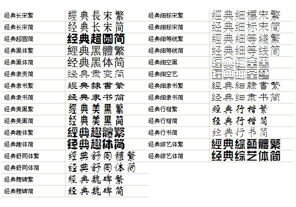 经典字体库 经典字体包 经典长宋简 经典超细简 经典黑体 经典美黑简 经典趣体简 经典细标宋简 经典空黑 经典空艺 经典行楷简 经典行书简 经典综艺简 字体打包下载 中文字体 字体下载 源文件 ttf