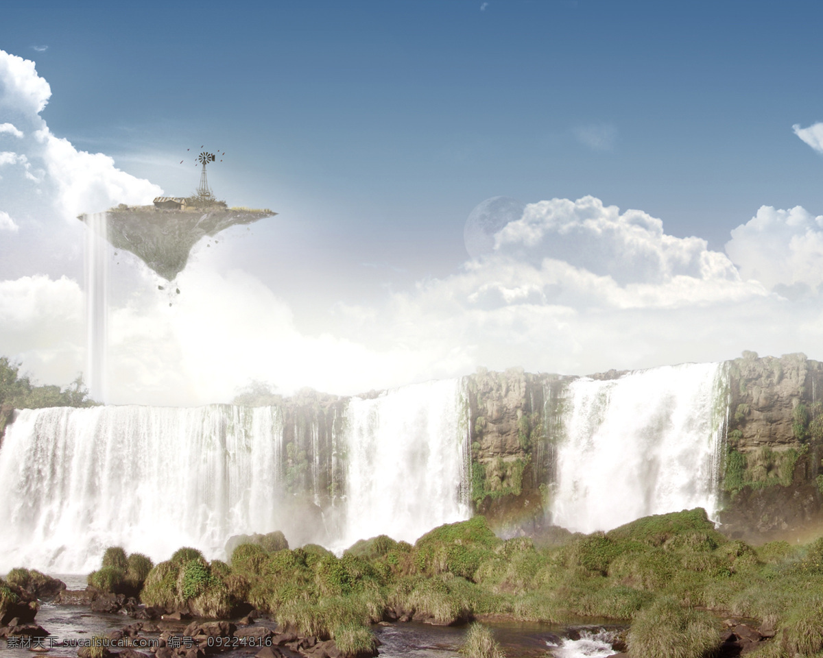 300 创意 风车 风景 瀑布 山石 设计图库 小岛 自然风光 效果 设计素材 模板下载 创意风景效果 自然景观 psd源文件