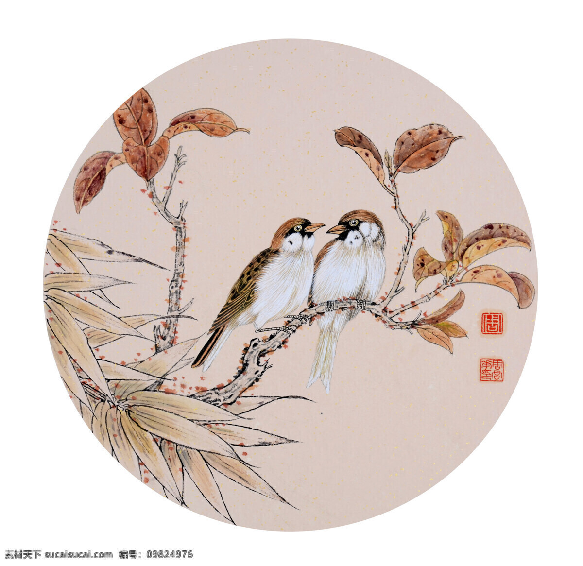 秋趣 周君华作品 两只小鸟 栖息 树枝上 红叶 中国古代画 中国古画 文化艺术 绘画书法