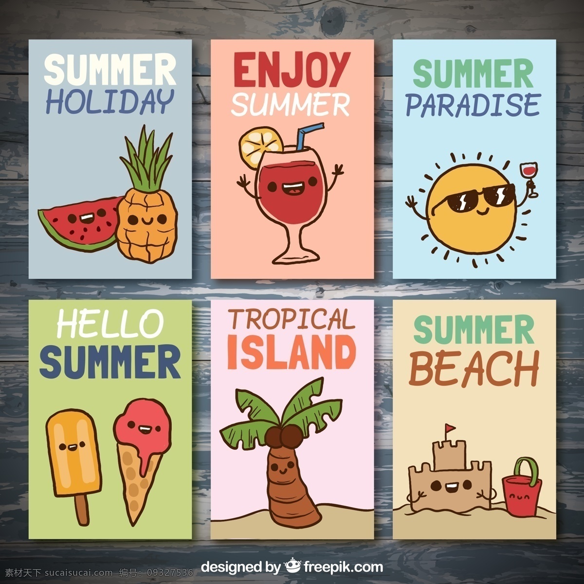 款 彩绘 夏季 度假 卡片 矢量 西瓜 菠萝 果汁 太阳 雪糕 冰淇淋 椰子树 沙滩 热带 木板 木纹 矢量图