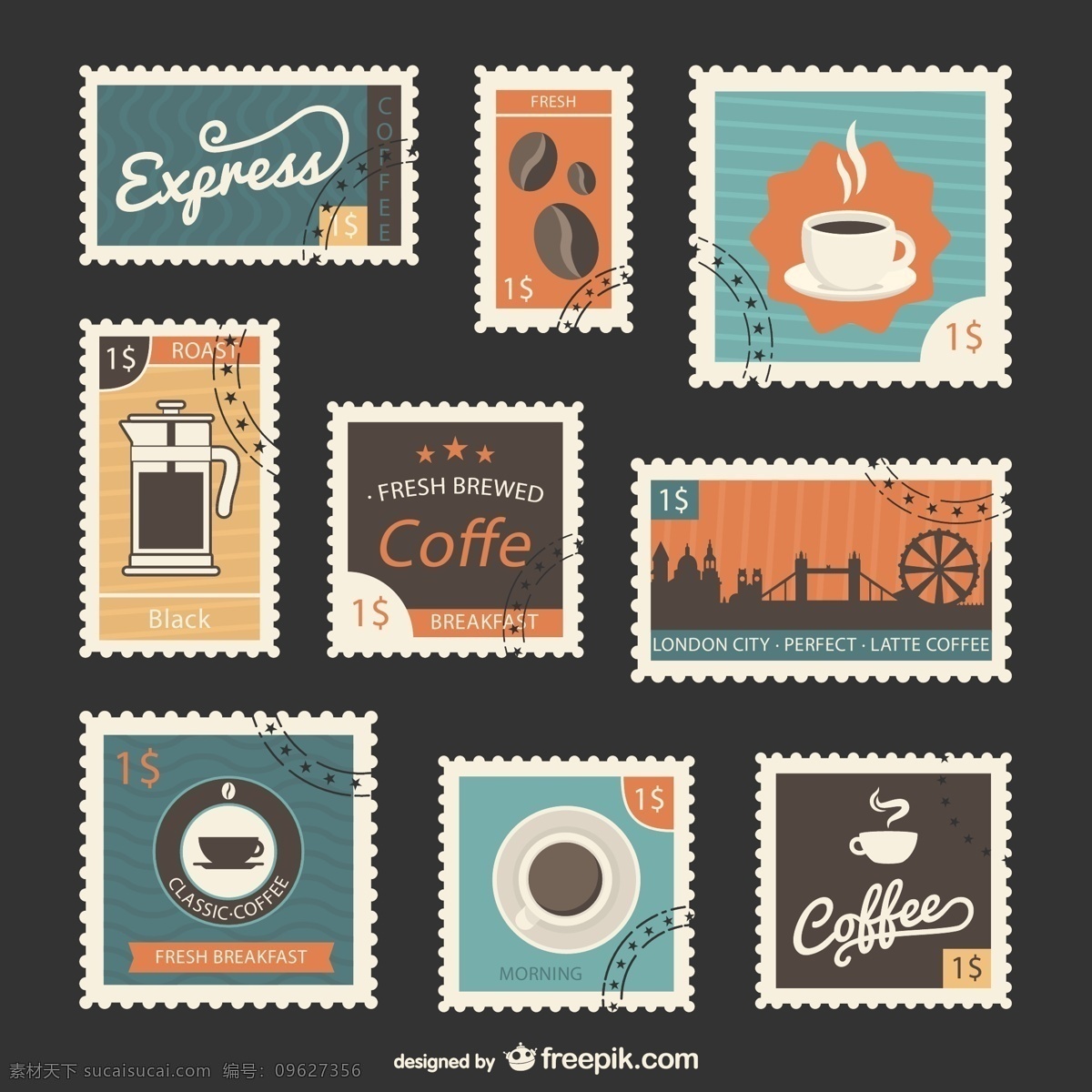 复古 咖啡 邮票 浓咖啡 咖啡豆 伦敦 矢量图 矢量 高清图片