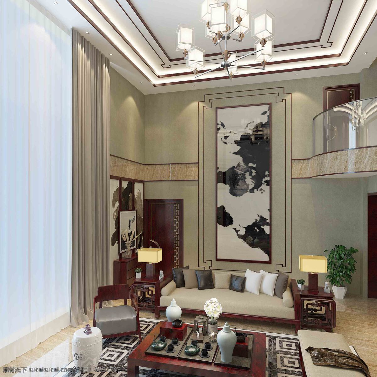 中式 客厅 家装 背景 墙 模型 3d模型 3d渲染 家装模型 背景墙 灯饰 沙发