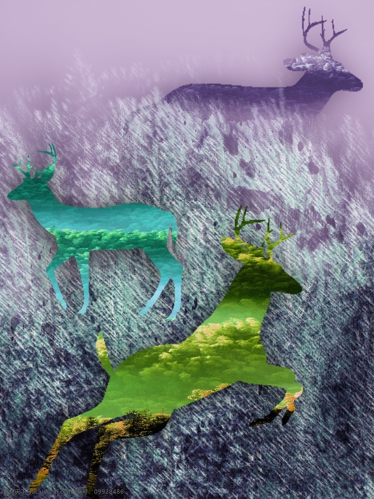 抽象 梦幻 紫色 鹿 影 客厅 装饰画 一联画 剪影鹿 梦幻紫色 客厅装饰画 三色鹿
