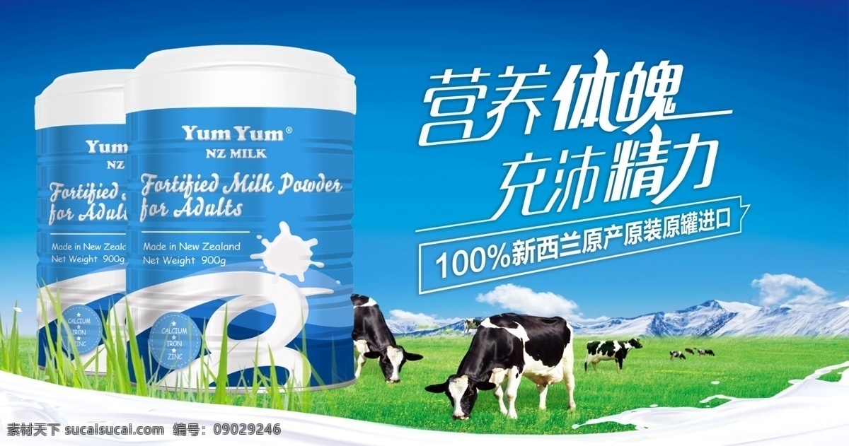 草原 奶牛 成人 奶粉 宣传海报 新西兰 进口 配方奶粉 牛奶粉 成人奶粉 分层