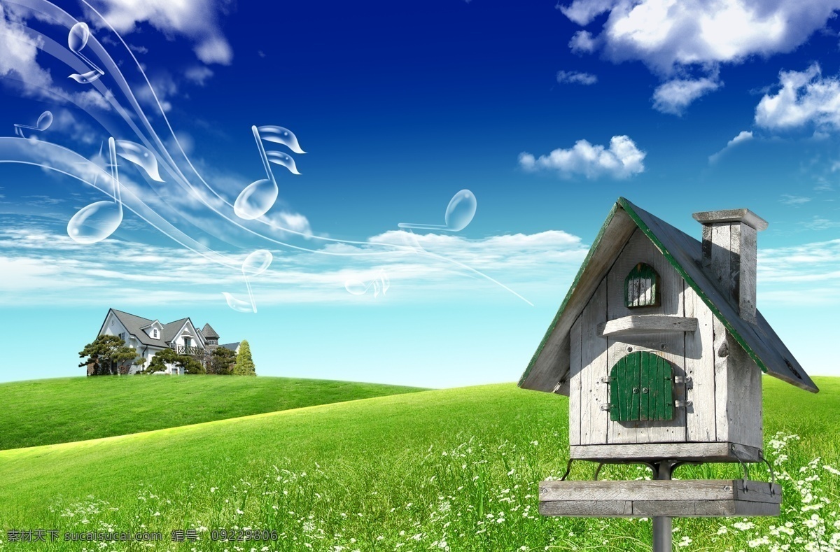 符号 蓝天 白云 绿色 海洋 白色 花朵 木屋 草坪 草地 绿化 创新psd 透明的乐谱 木制品 psd源文件