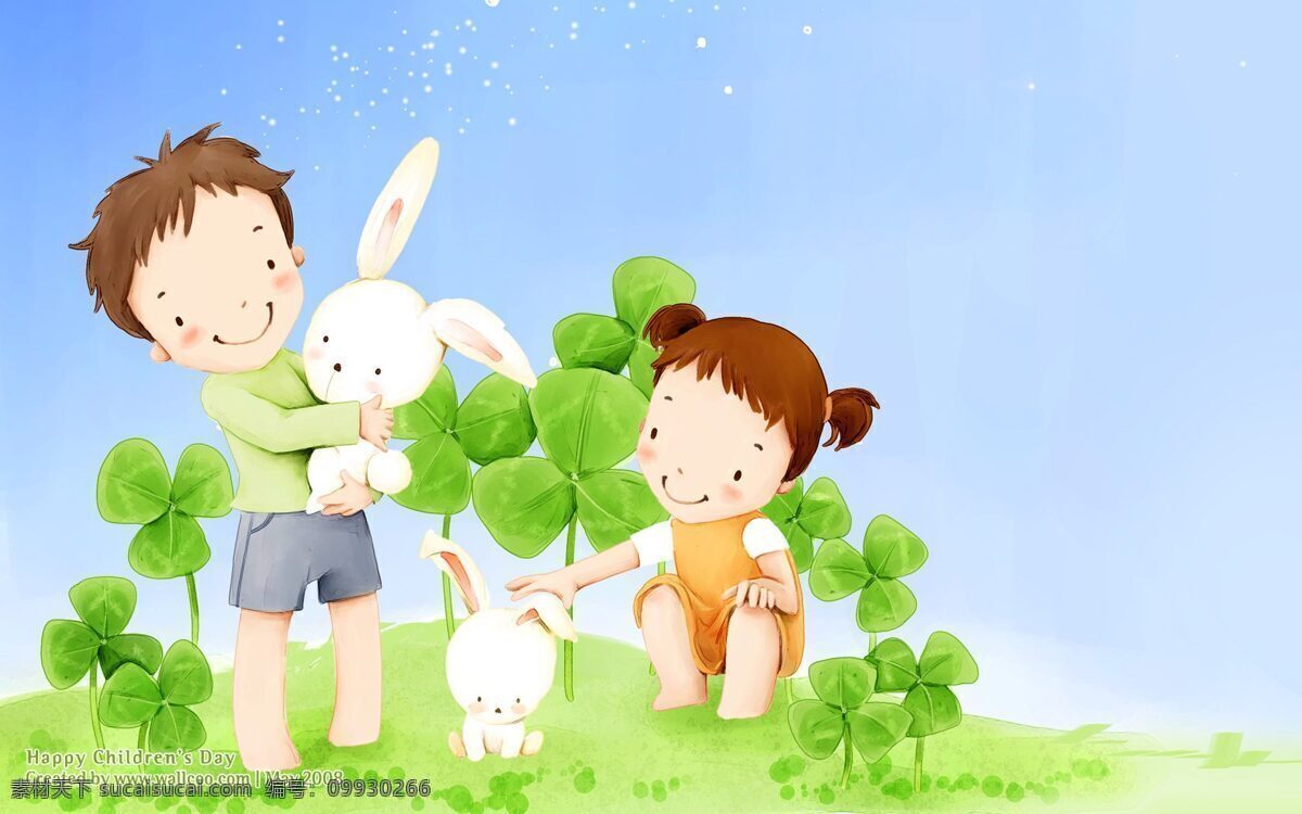 手绘 插画 兔子 壁纸 梦幻 可爱 儿童 卡哇伊 绿色