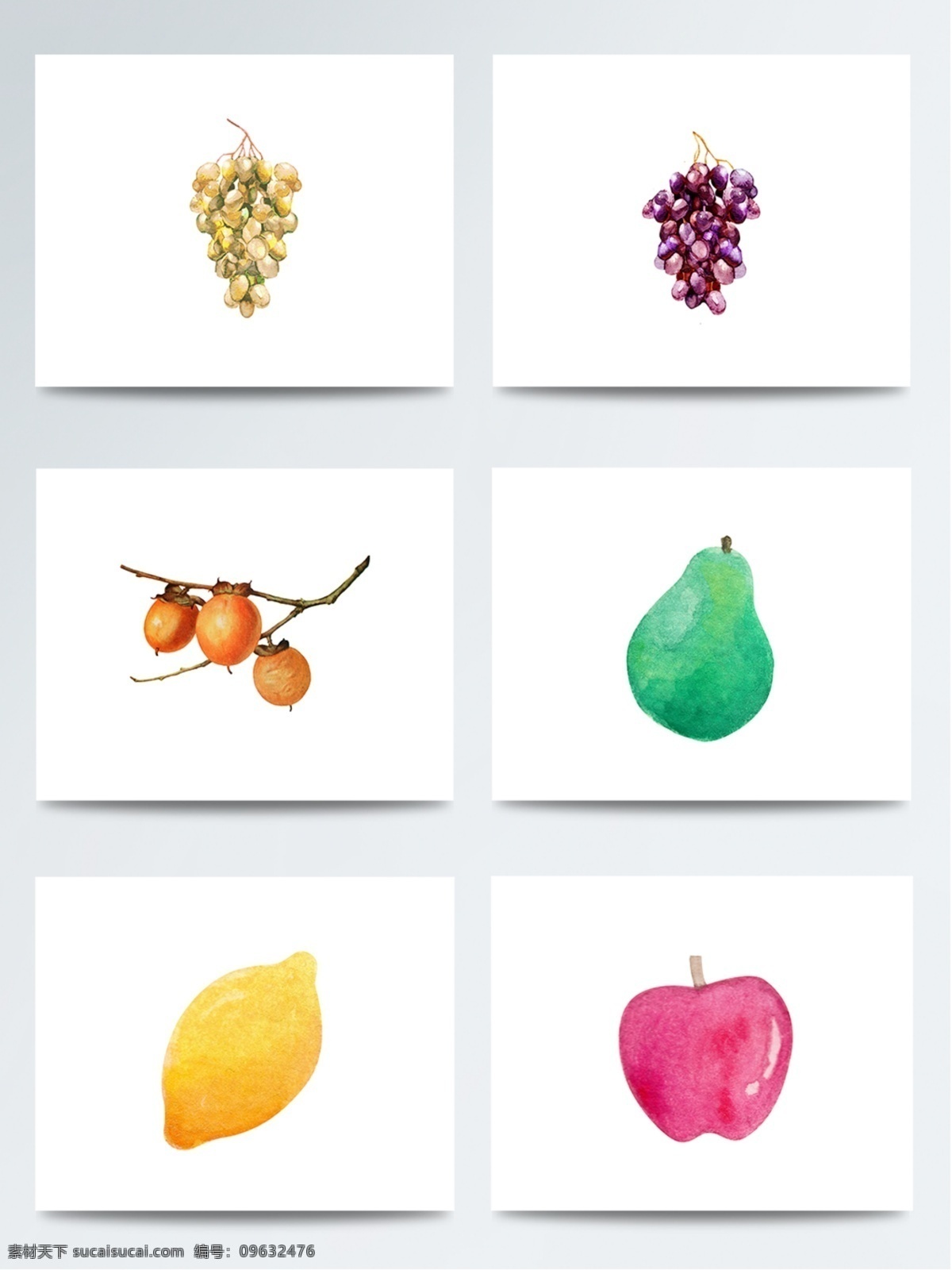 彩色 手绘 各种 水果 梨子 绿葡萄 柠檬 琵琶 苹果 水彩 紫葡萄