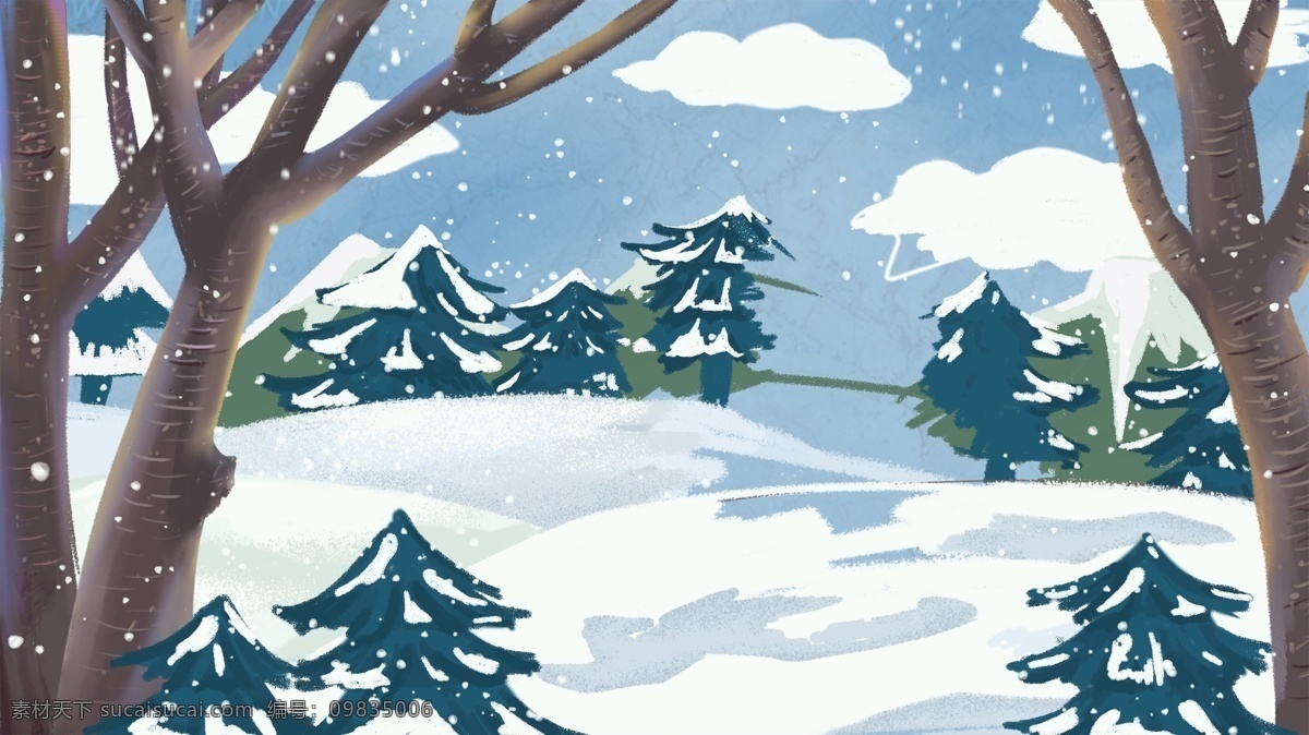 手绘 树林 雪花 雪景 背景 冬季 背景素材 冬天快乐 冬天早晨 广告背景素材 冬天雪景