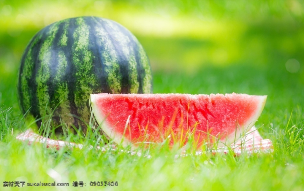 西瓜 水果 瓜瓤 草地 切块 果肉 新鲜 夏天 美食 水果摄影 生物世界