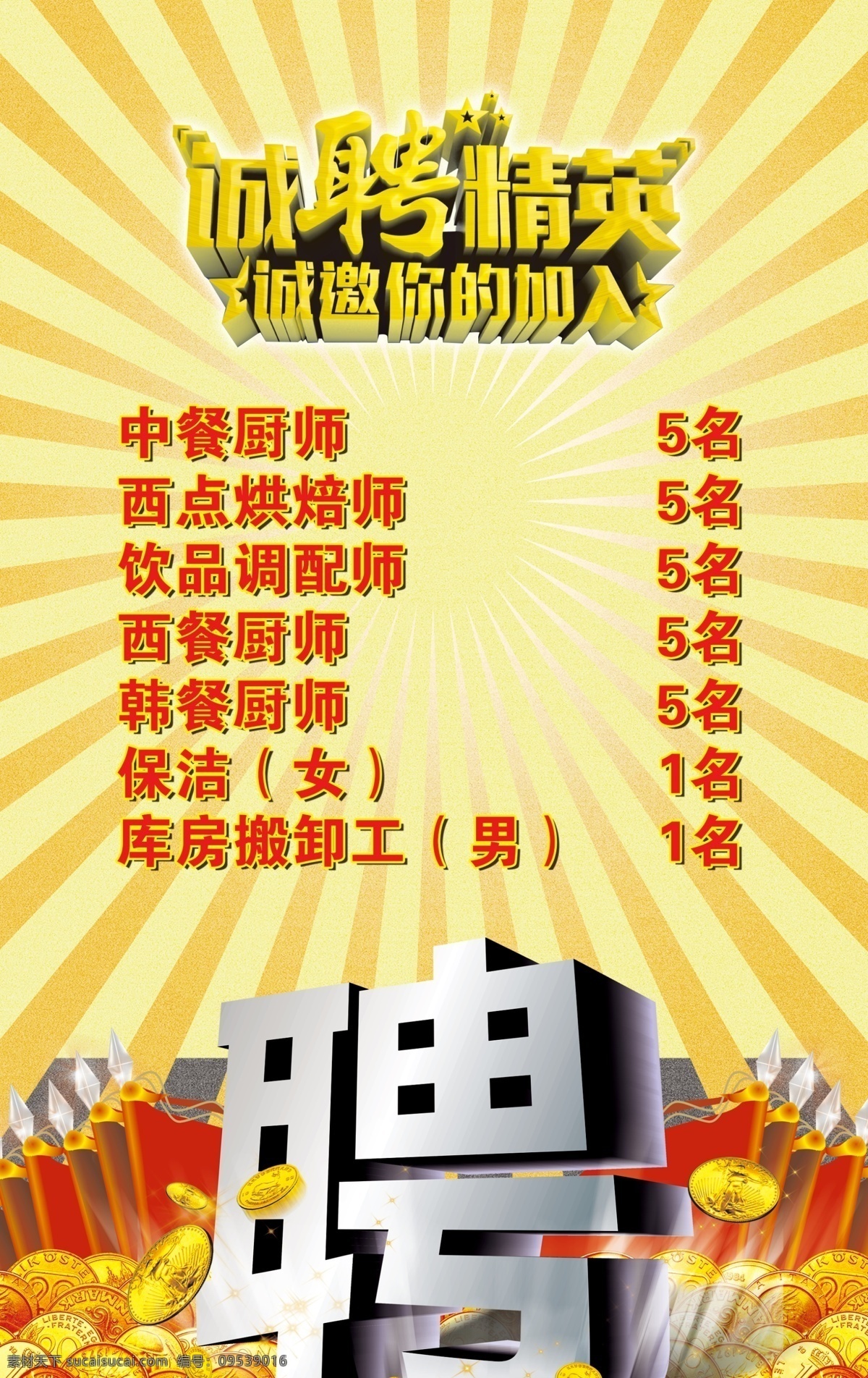 招聘海报 招聘 厨师 烘培 保洁 西点 黄色