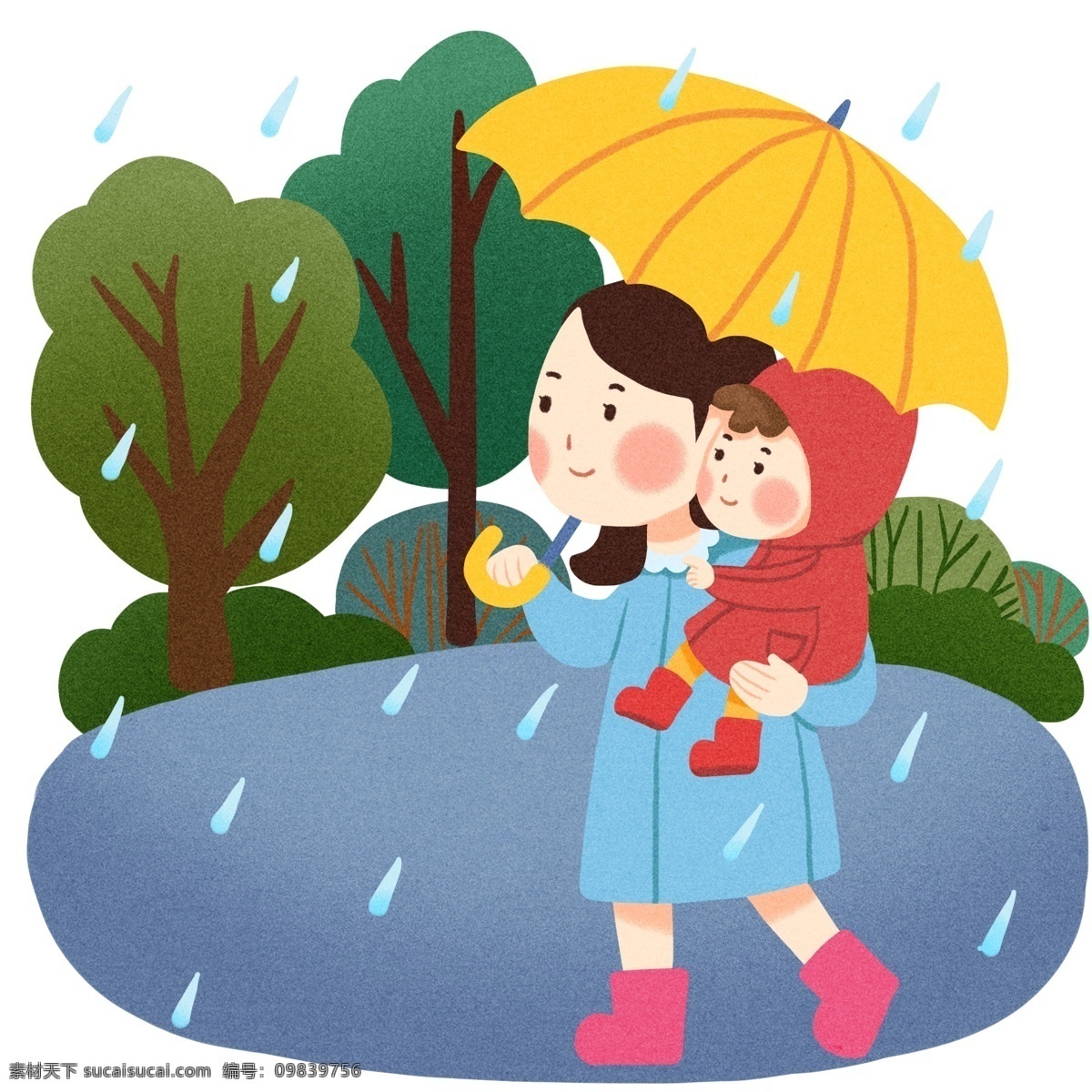 下雨 抱 小孩 插画 手绘 黄色的雨伞 漂亮的妈妈 可爱的小孩 红色的衣服 绿色的树木 植物装饰 母婴插画