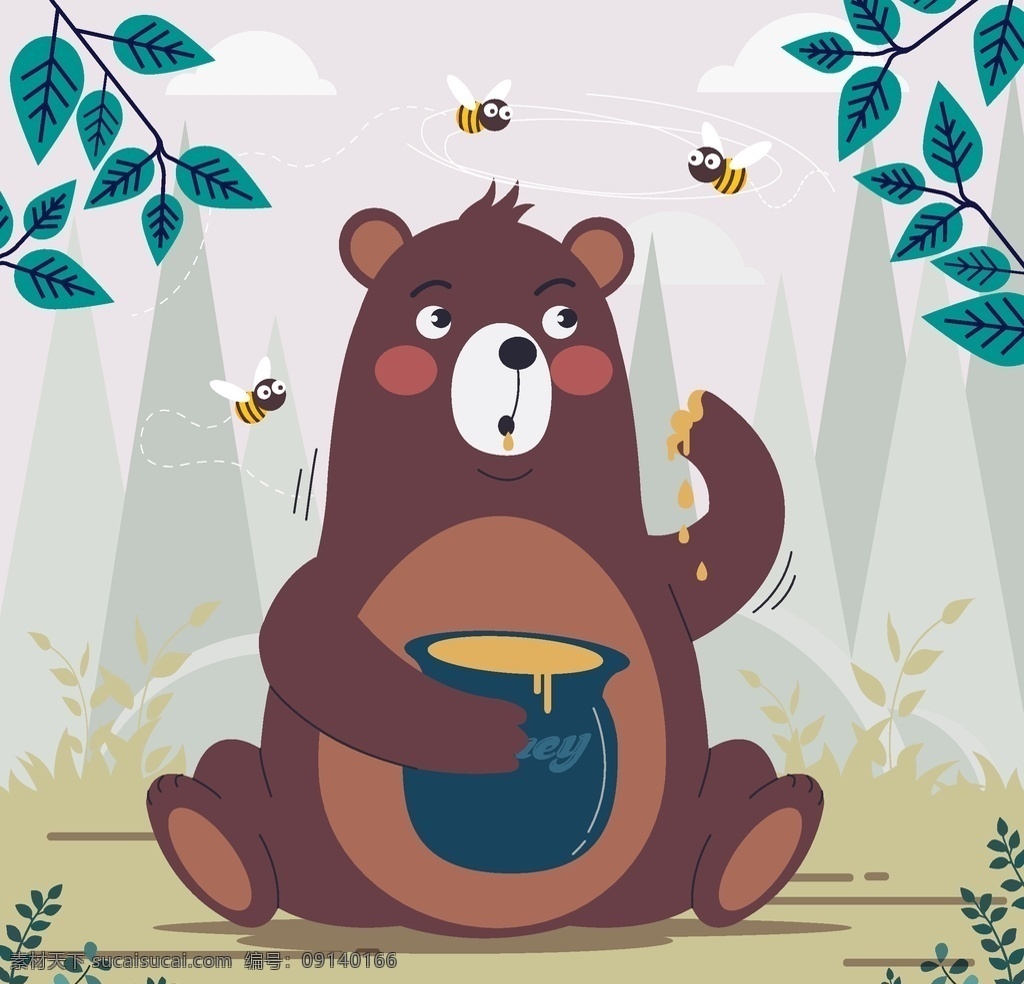 可爱 坐 吃 蜂蜜 棕熊 坐着 树木 森林 蜜蜂 动物 生物世界 野生动物