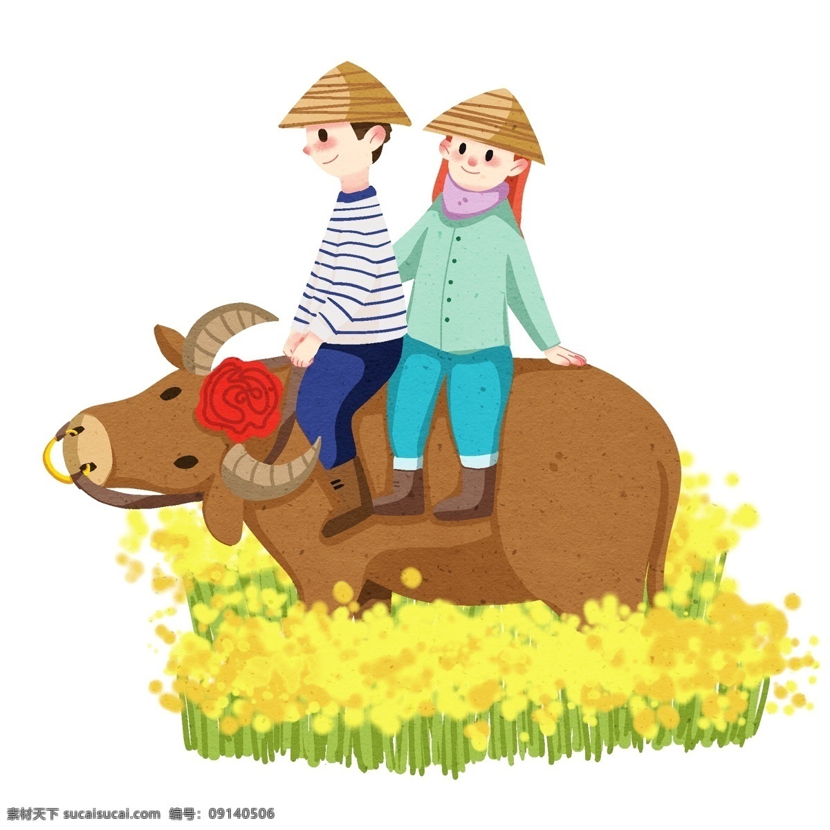 手绘 春分 骑 牛 插画 黄色的油菜花 卡通插画 美丽的景色 开心的孩子 棕色的老牛 手绘春分插画