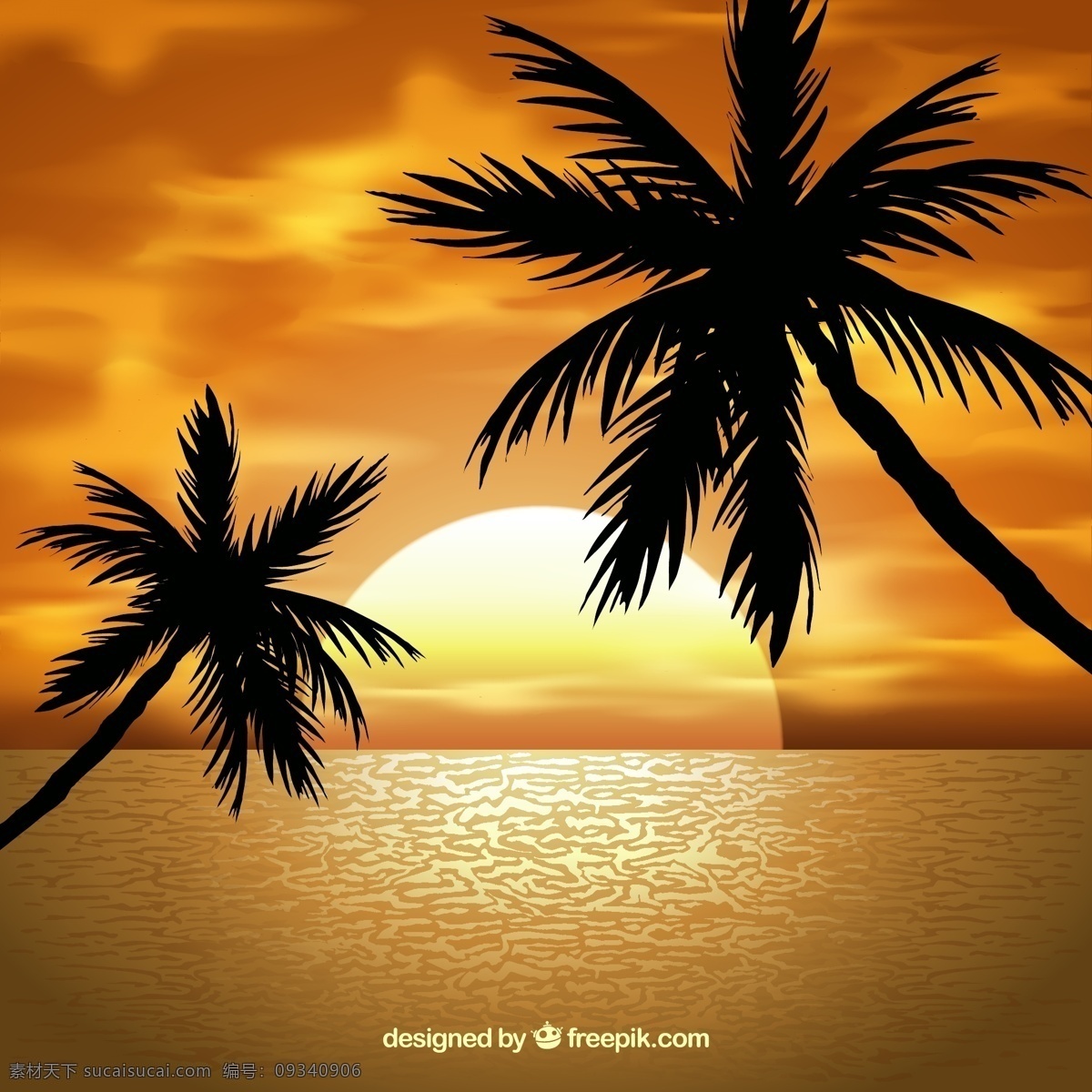 椰子树 风景 矢量 太阳 落日 海滩 岛屿 大海 黄昏 高清图片