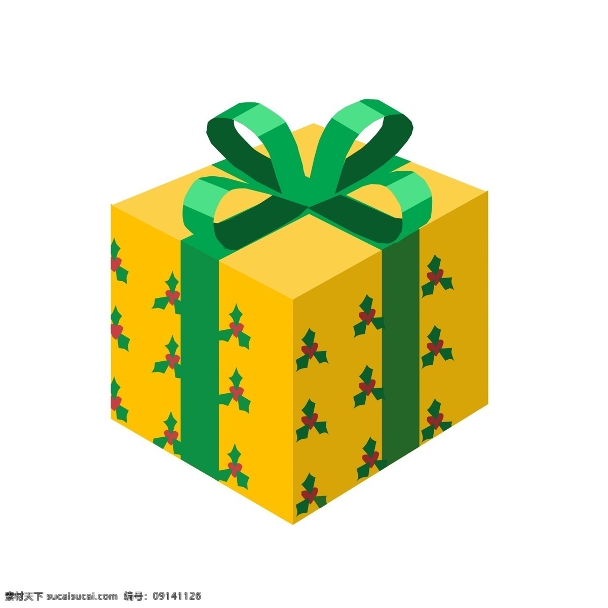 卡通 手绘 黄色 礼盒 插画 盒子 绿色丝带 蝴蝶结 正方形 送礼 贺礼 祝贺 礼品 包装 心意 祝福