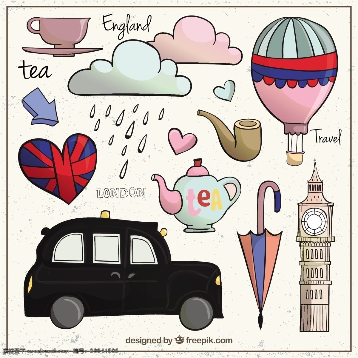精致 伦敦 元素 旅游 城市 手 建筑 手绘 茶 气球 绘画 雨水 热气球 欧洲 文化 传统 空气 英国