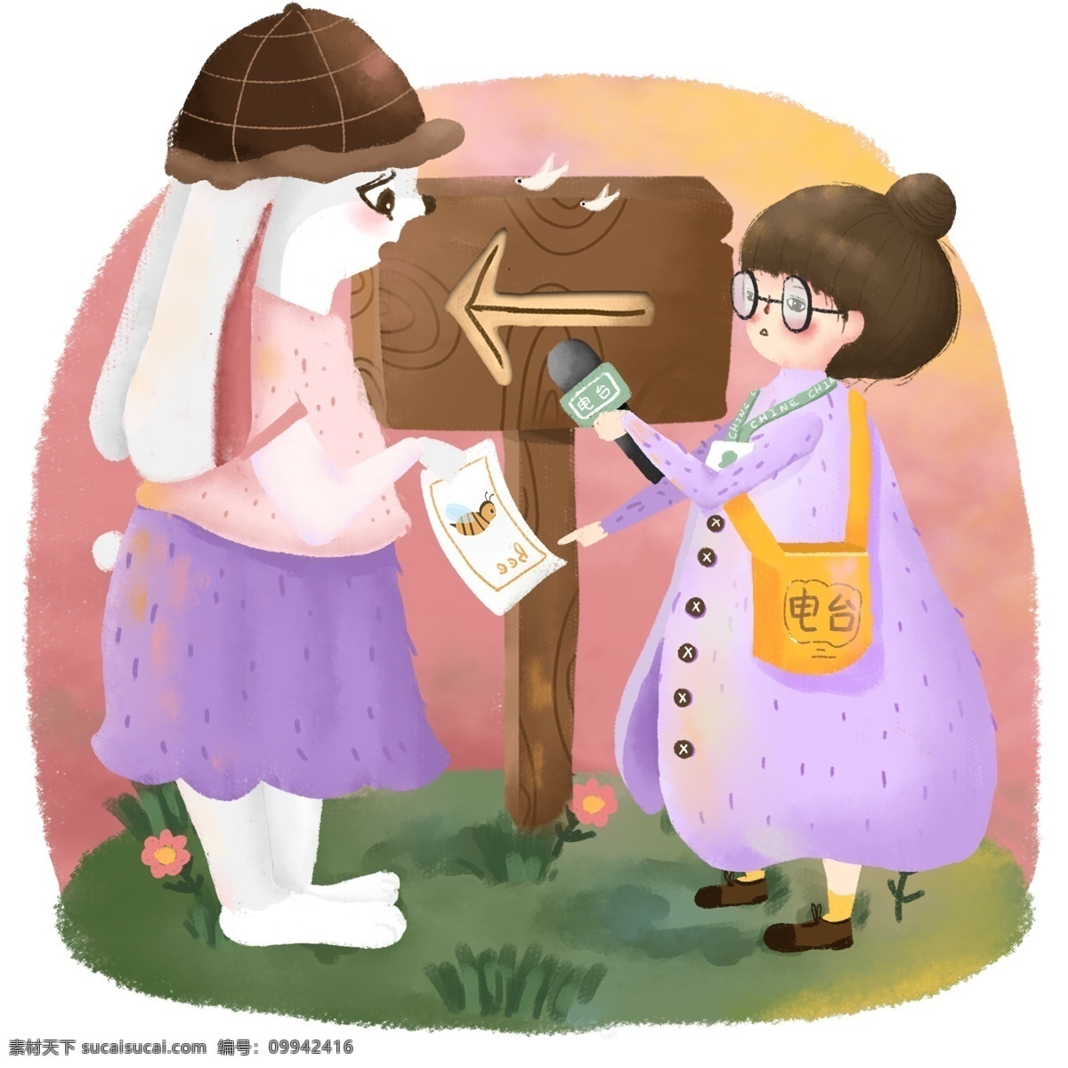 卡通 可爱 手绘 儿童 插画 记者 采访 元素 卡通可爱 兔子 人物 女孩