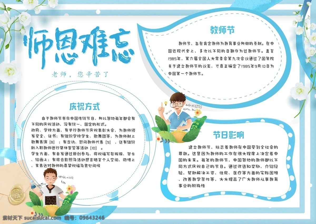 蓝色 清新 唯美 感恩 教师节 师恩 难忘 小报 手 抄报 师恩难忘 教师节快乐 手抄报