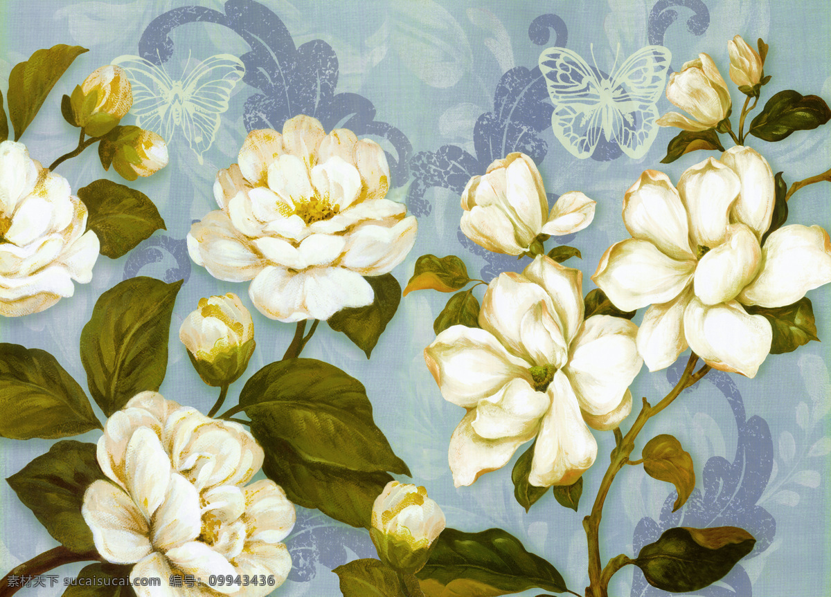 白色 花卉 油画 装饰画 蓝底白花 装饰花纹