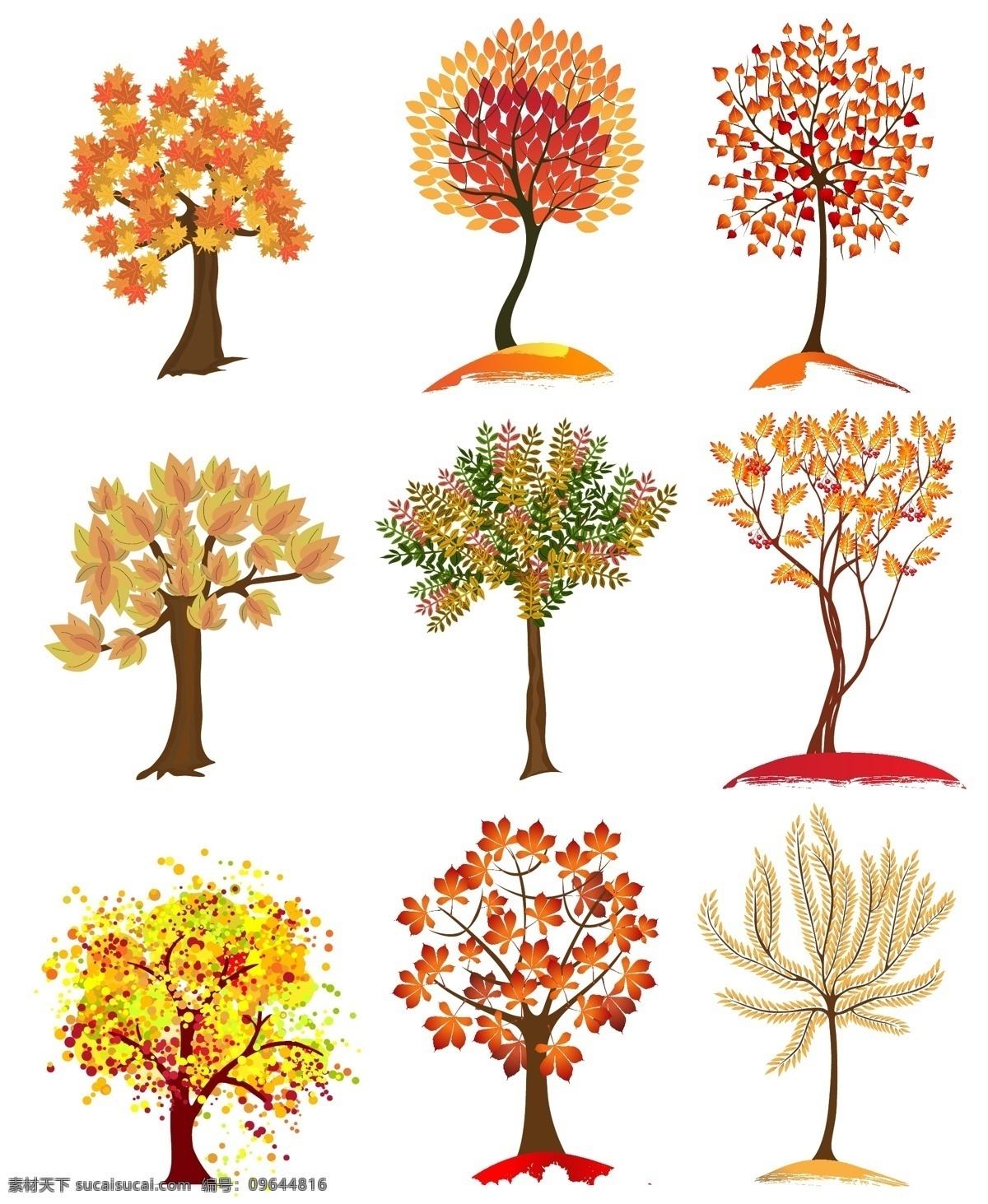 秋天 大树 组图 矢量 元素 矢量元素 树木 植物 装饰元素 彩色大树 秋季大树 大树元素 树木元素 ai元素