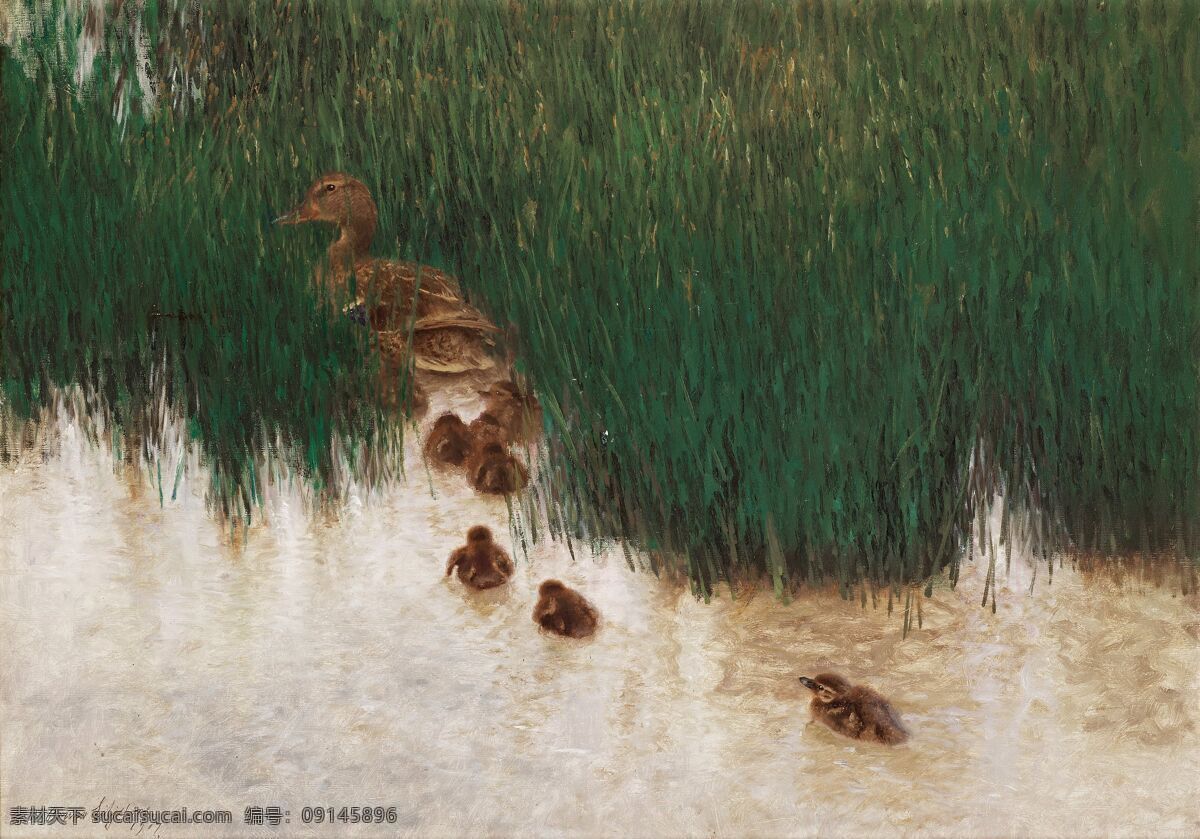 布鲁 诺利 赫 佛 斯 作品 瑞典画家 小 鸭子 跟随 鸭妈妈 游进池塘 水草中 20世纪油画 油画 文化艺术 绘画书法