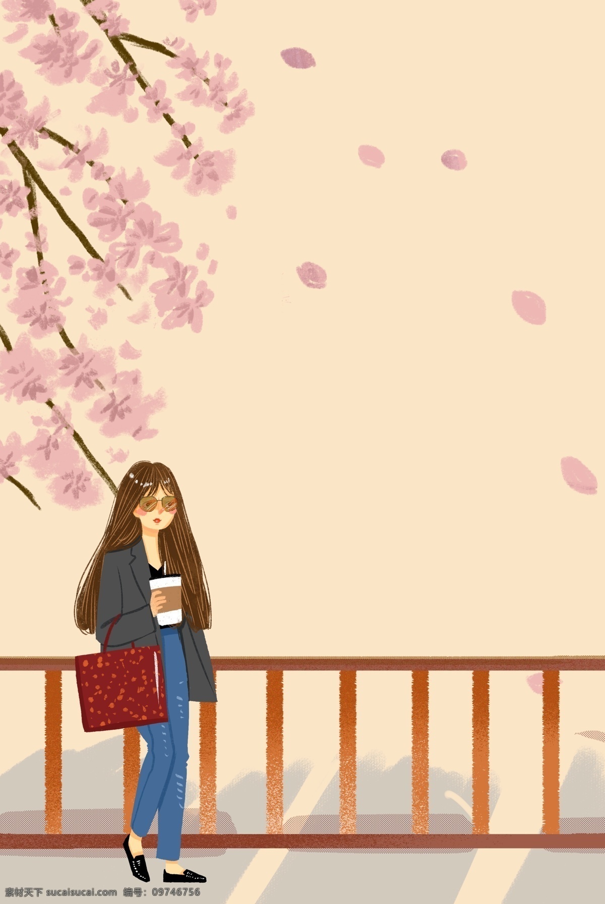 春天 街道 时尚 女孩 插画 背景 清新 植物 服装 人物 出行 插画风 促销海报