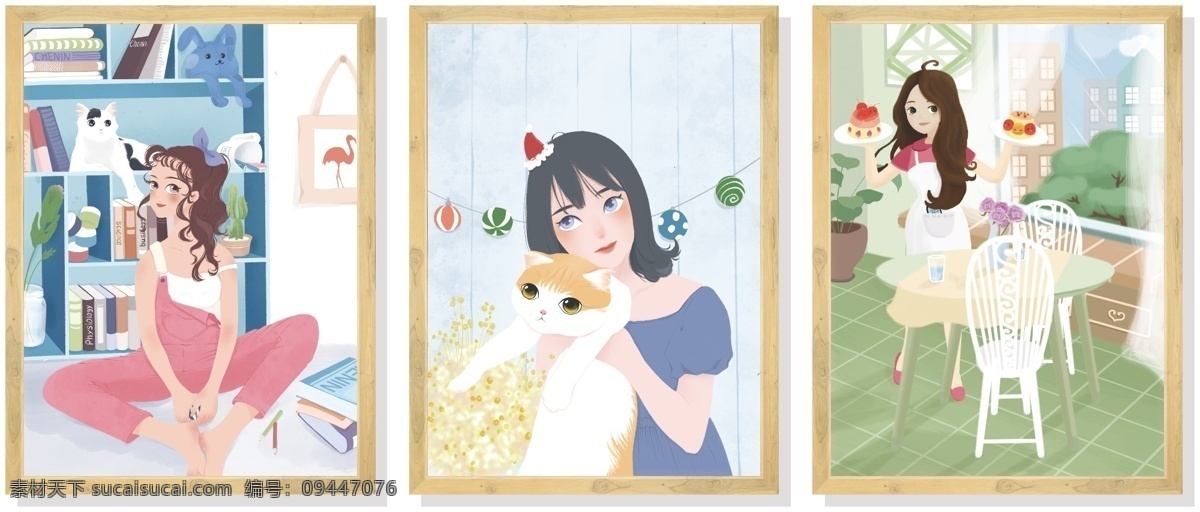 唯美少女挂画 内置位图 唯美 少女 小清新 挂画 三联 可爱 女生 艺术 文化艺术