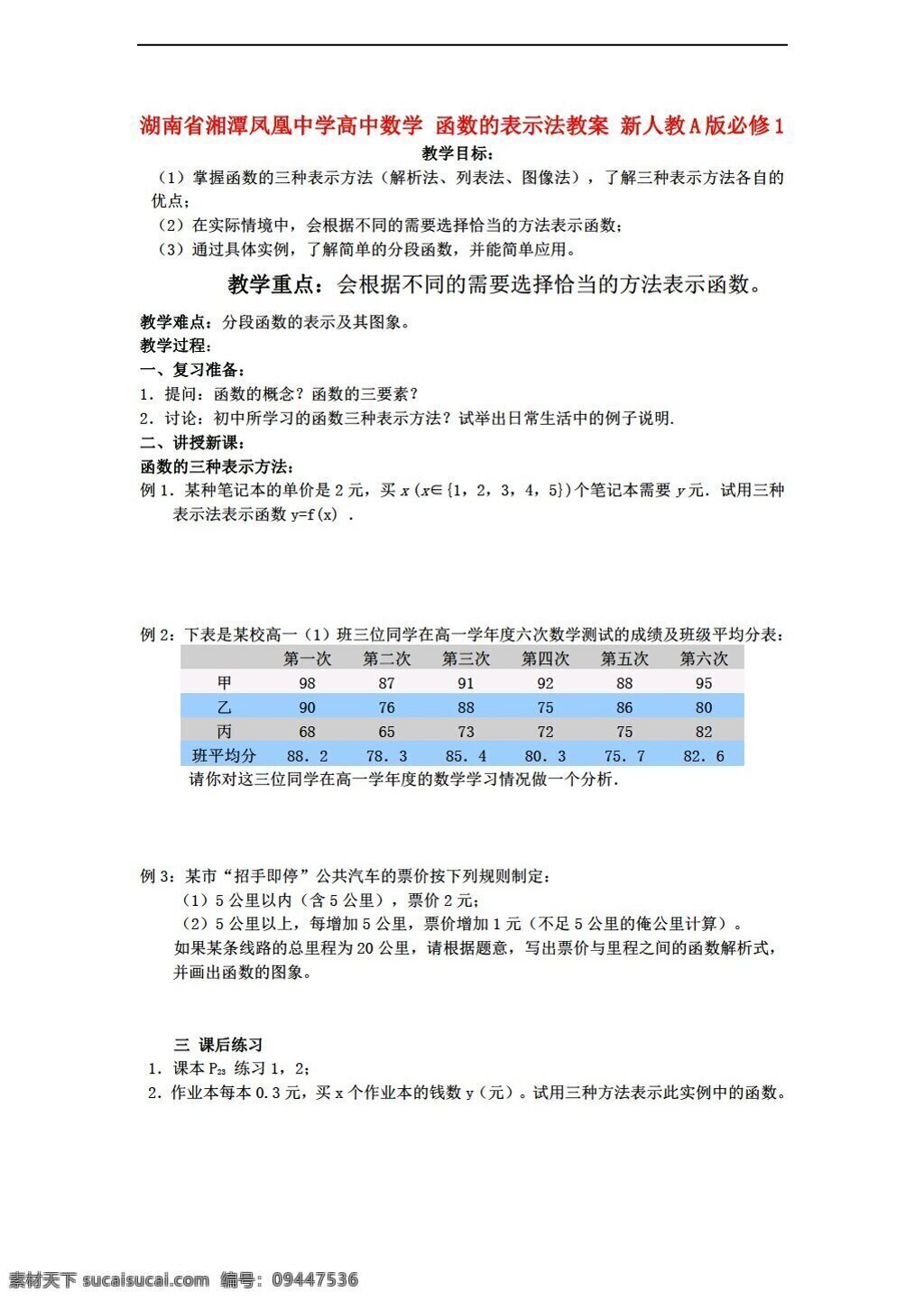 数学 人教 新 课 标 a 版 湖南省 湘潭 凤凰 中学 函数 表示法 教案 新a版必修1 必修1