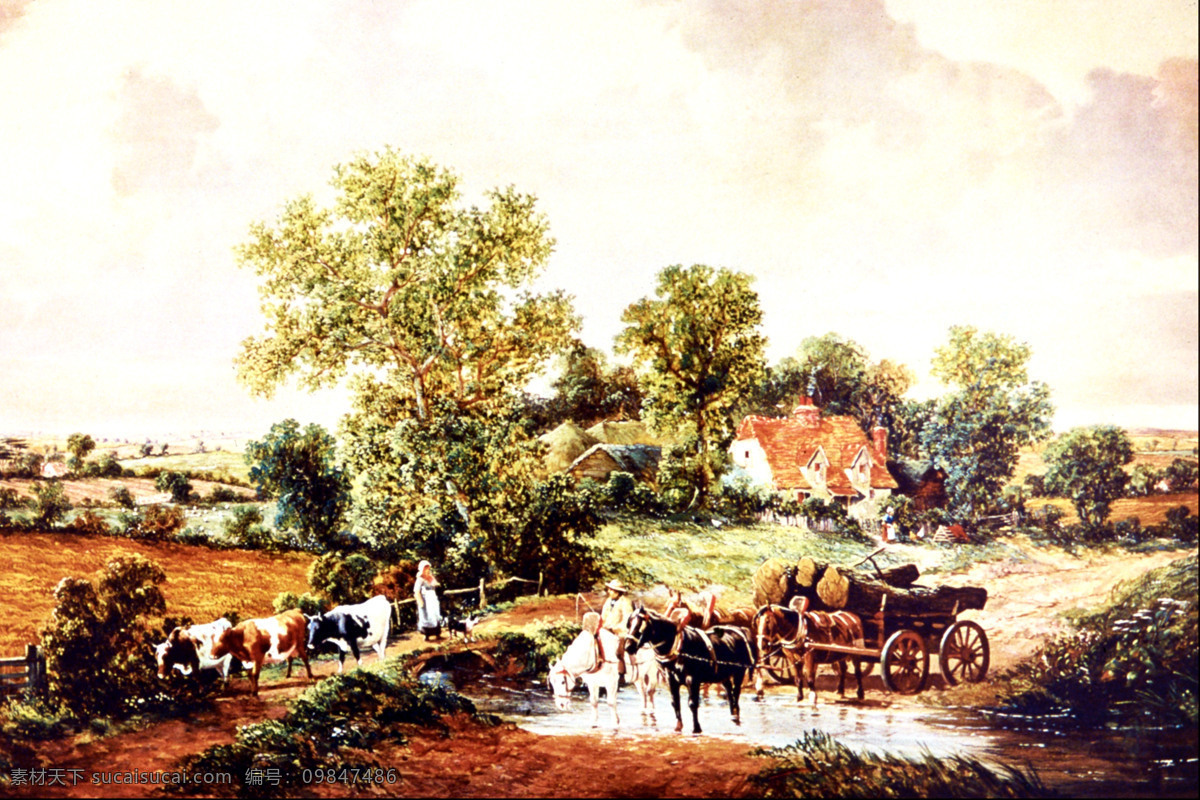 油画 乡村 风情 风景 绘画书法 美丽 农家 设计图库 文化艺术 油画乡村风情 农活 小路 家居装饰素材