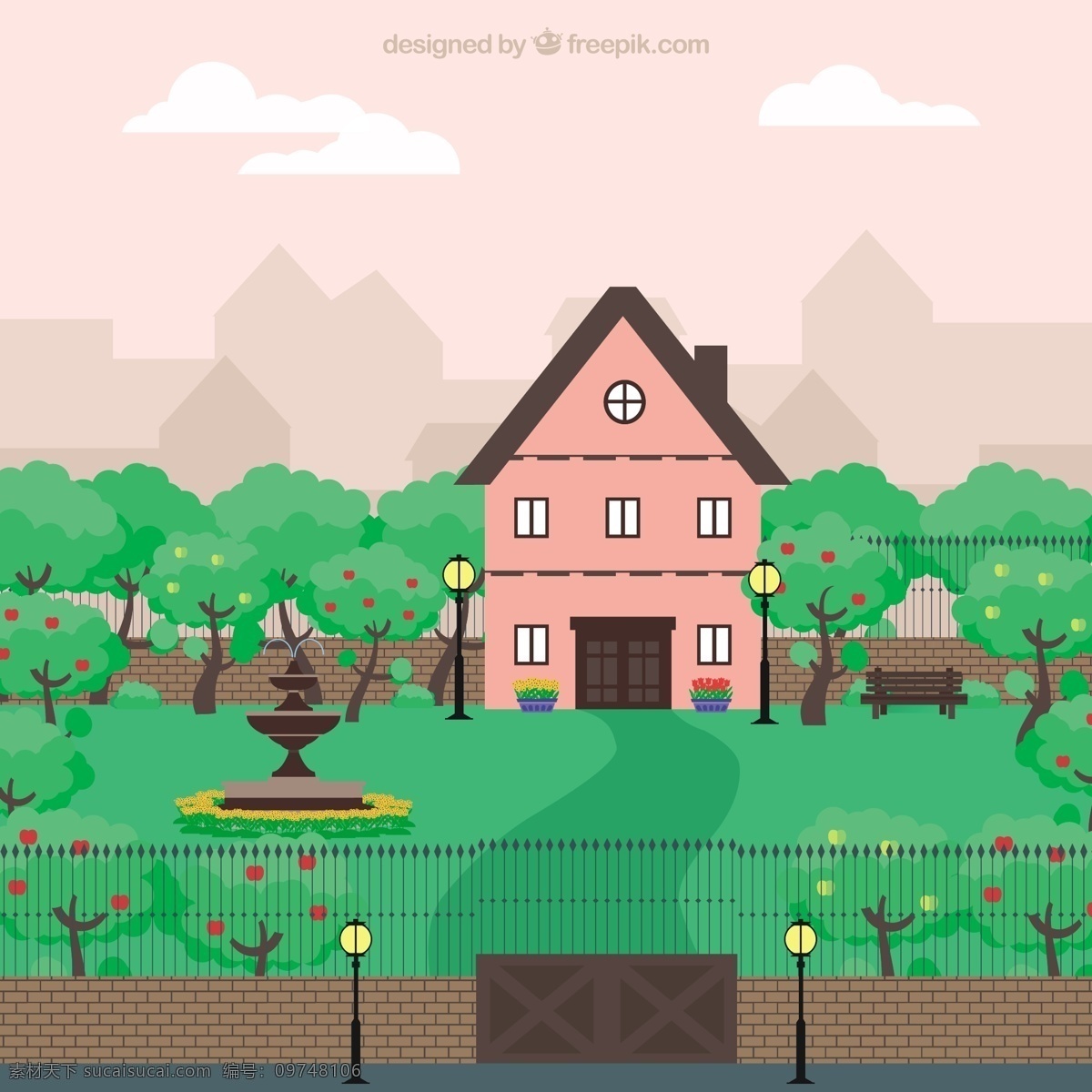 可爱 粉红色 房子 自然 绿色 景观 地势平坦 蔬菜 花园 树木 平整 植物 围栏 园艺 成长 喷泉 灯柱 白色