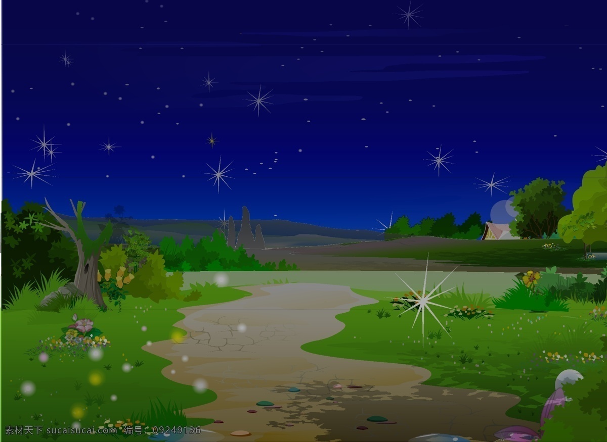 夜晚草地 夜晚 草地 星空 蓝色 绿色 草 小花 野花 动漫动画 风景漫画