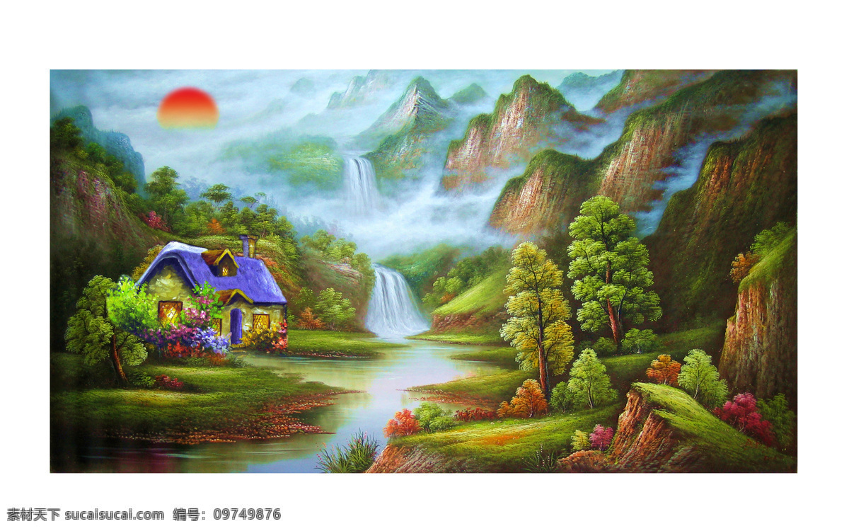 风景油画 油画 油画风景 漂 流水 河流 碧水 树 树林 红叶树 黄叶树 松树 鲜花 绿草 文化艺术