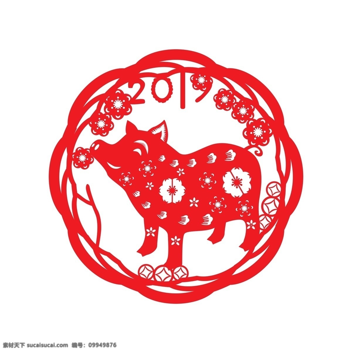 矢量 红色 喜庆 风 窗花 剪纸 猪年 2019 猪 元素 新年 花型