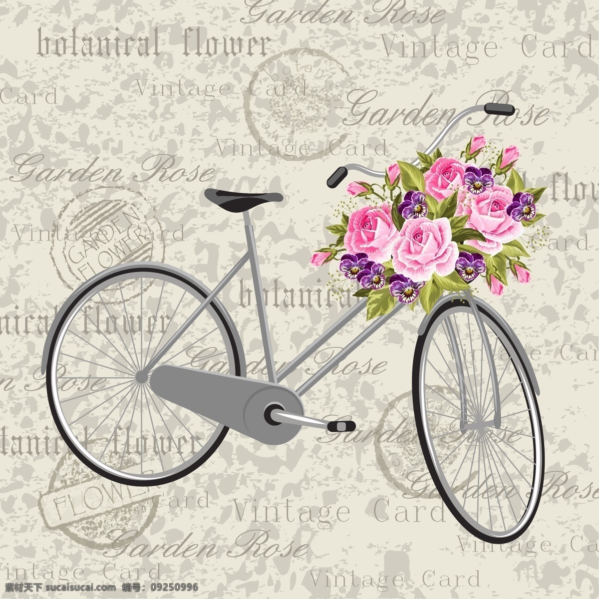 浪漫 自行车 插画 卡通 花束