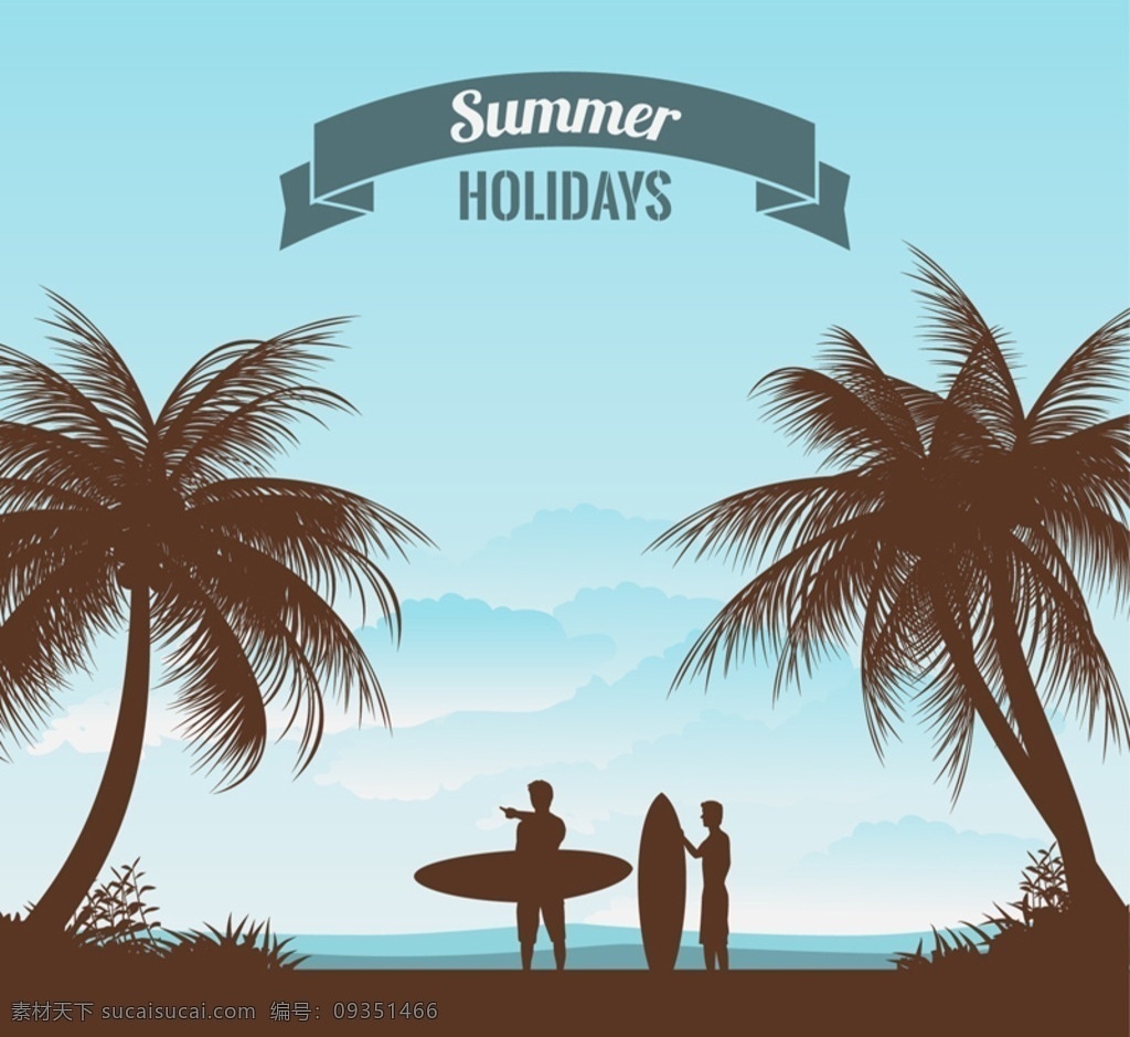 拿冲浪板的 男子剪影 矢量 丝带 冲浪板 椰子树 男子 海 度假 夏季 岛屿 海滩 远山 矢量图 ai格式