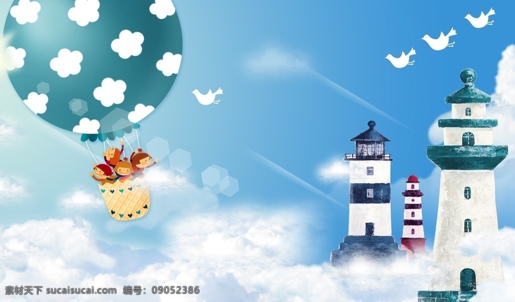 气球 塔 海鸥 腰线 白云 蓝天 自然景观 自然风光
