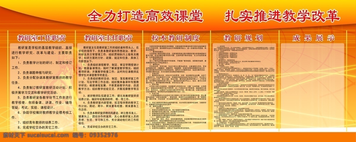 教育科技展板 教研室 工作职责 主任 职责 成果展示 文化墙 网格线 红黄展板 展板模板 广告设计模板 源文件