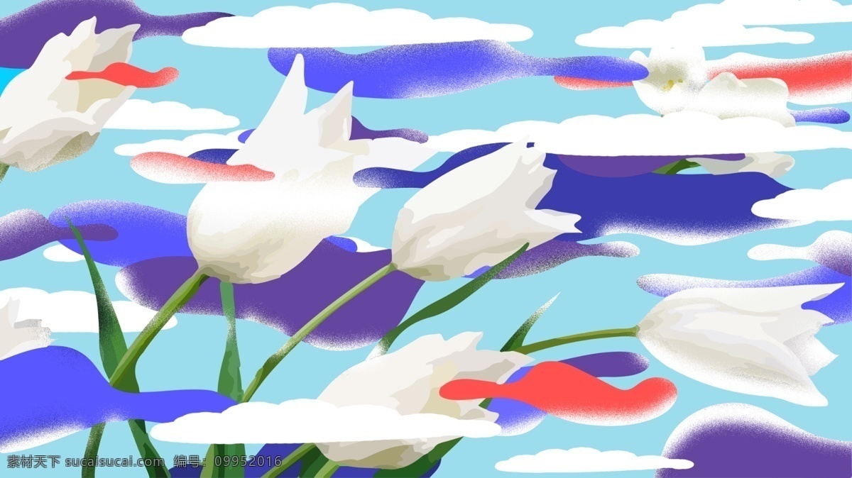 白色 花朵 五彩 祥云 背景 卡通