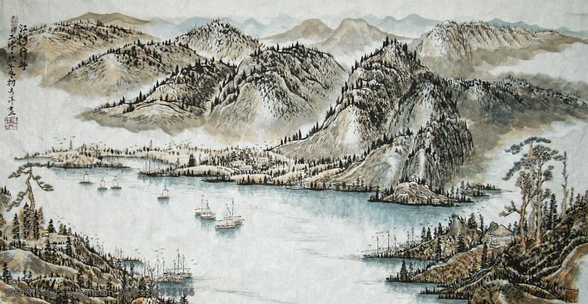 江河行舟 国画 写意 小船 轻舟 建筑 房屋 桥梁 人物 水墨 国画艺术 绘画书法 文化艺术