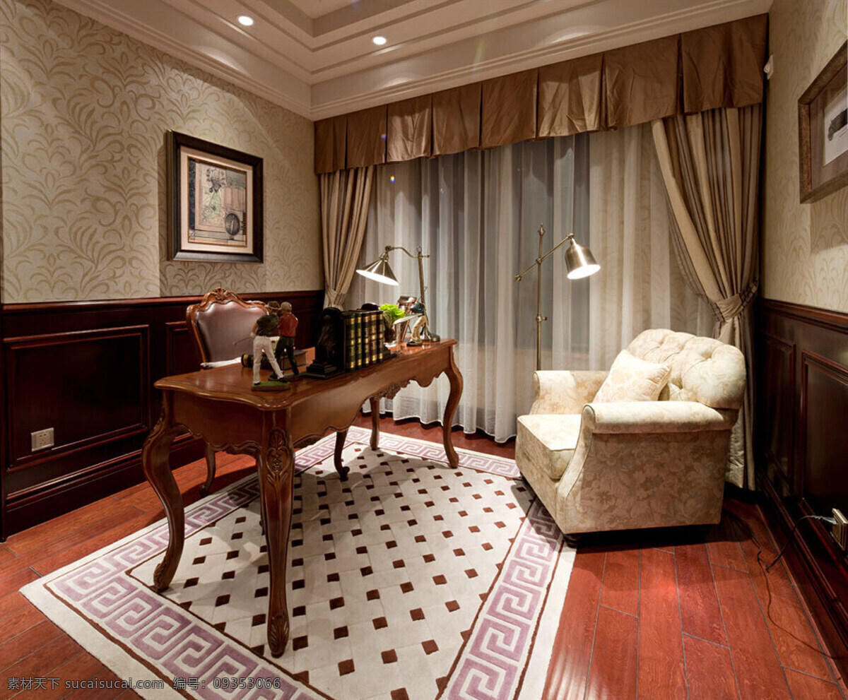 中国 风 书房 灰色 窗帘 装修 效果图 方形吊顶 花色地毯 木地板 花色墙壁 木质桌椅