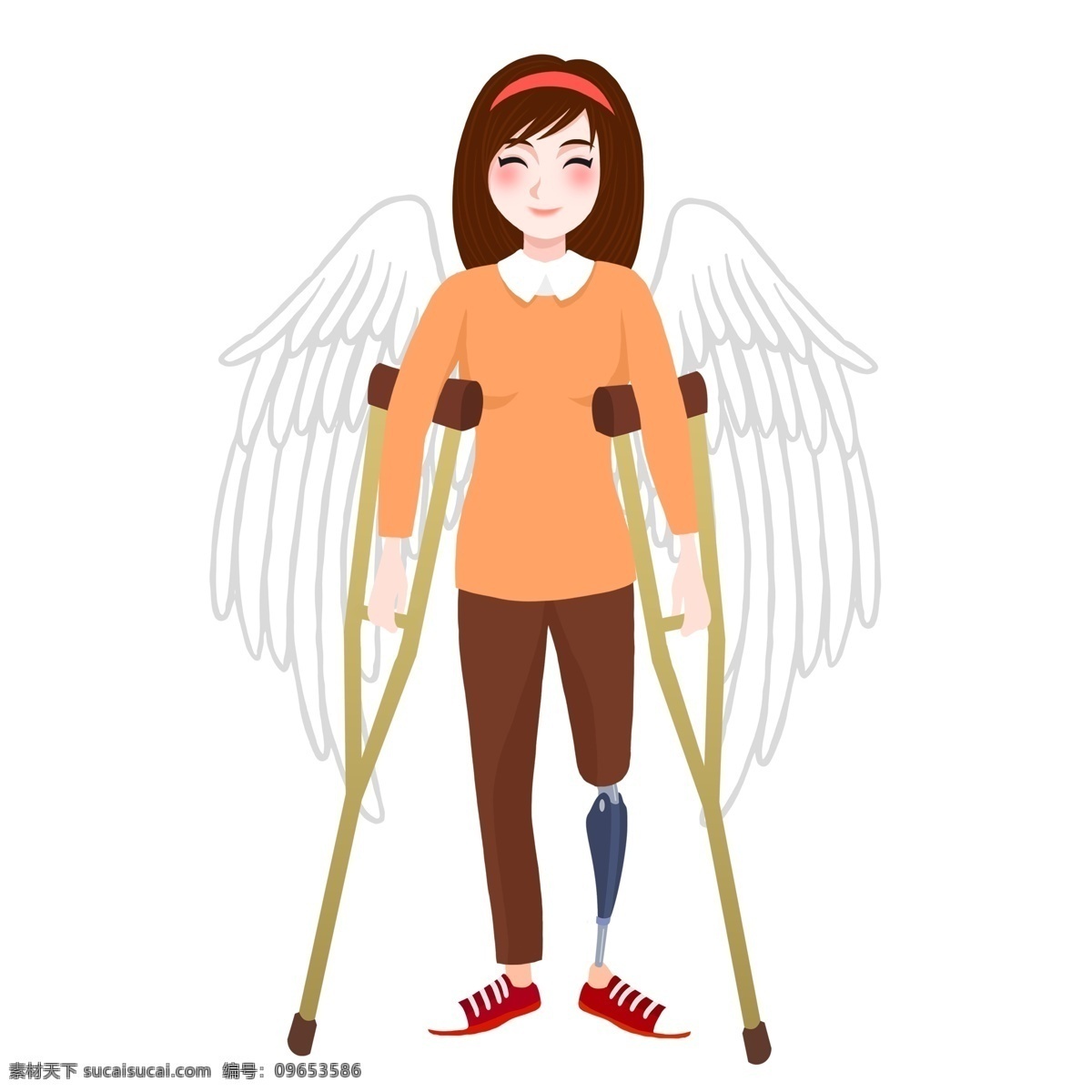 带 翅膀 拄 拐杖 乐观 残疾人 女孩 商用 元素 卡通 插画 人物 国际残疾人日