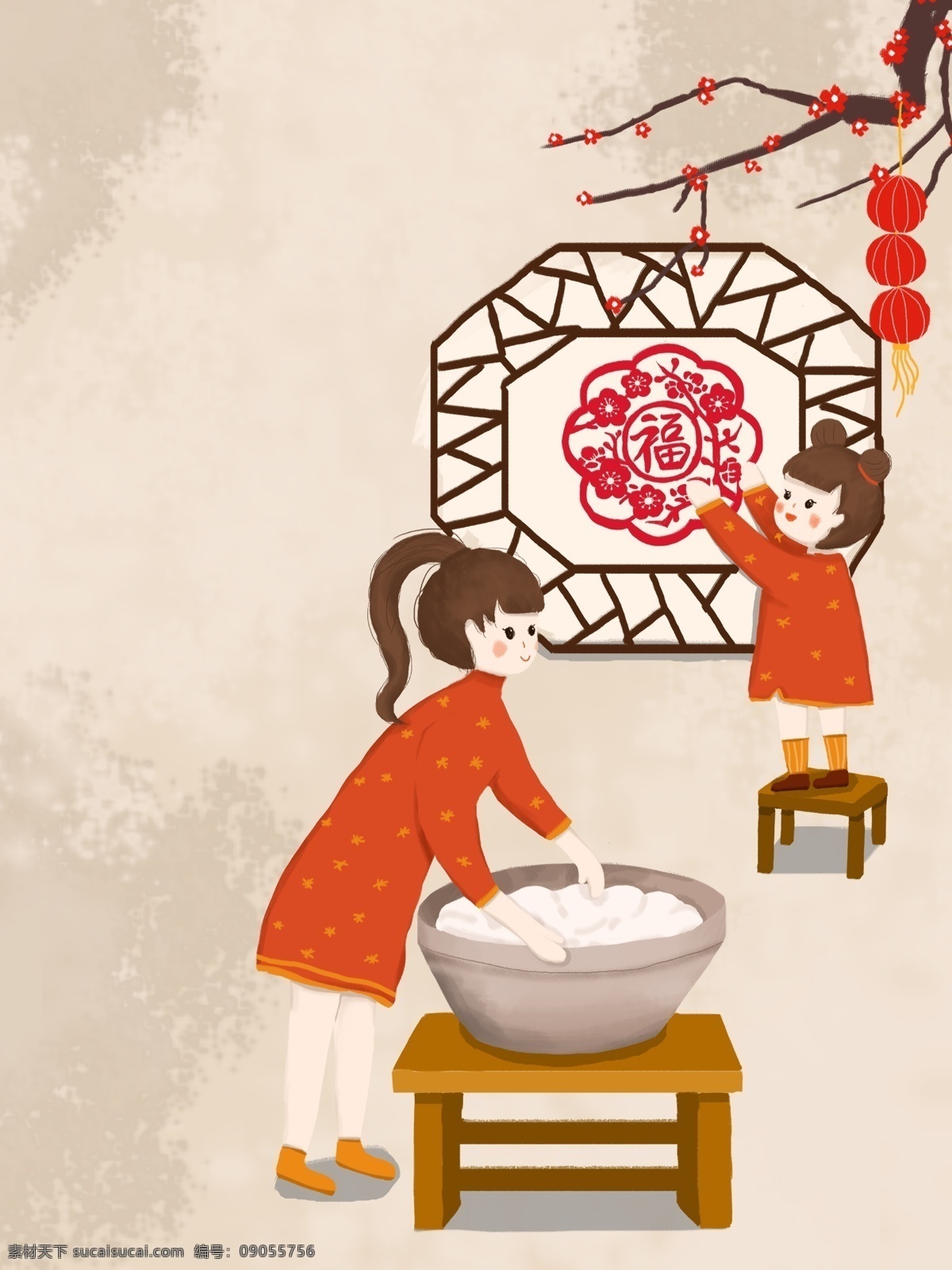 2019 新年 传统 发面 习俗 背景 福字 灯笼 花枝 新年背景 背景设计 传统背景 猪年