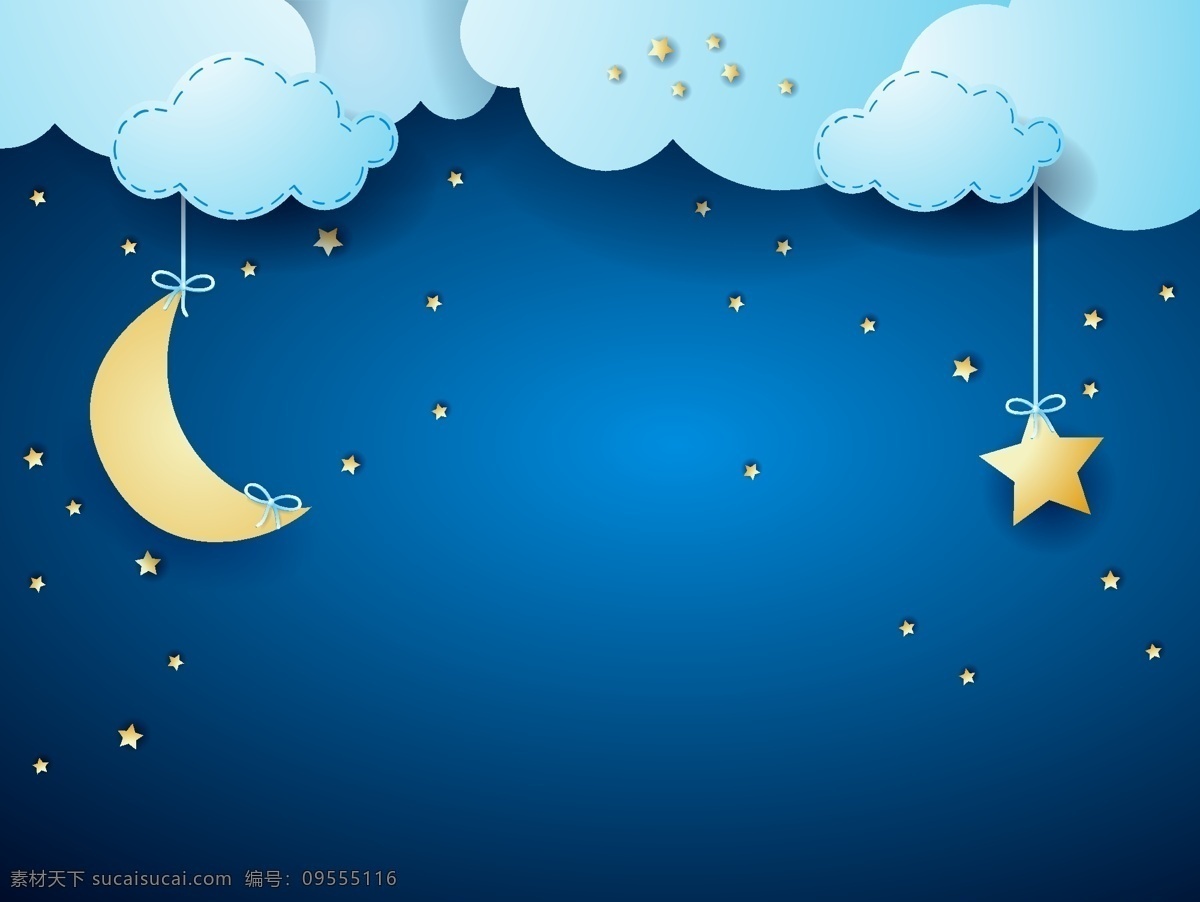矢量 蓝色 卡通 云层 月夜 儿童画 背景 星星 星空 立体 儿童节 教育 层叠 早教 星云 星海 星际 童趣 手绘