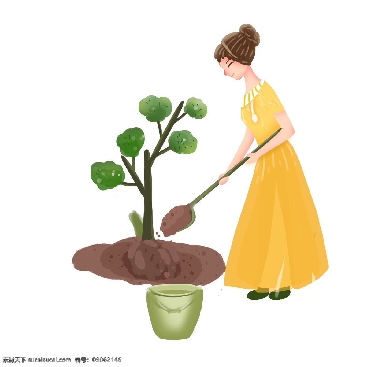 清新 手绘 种树 女 人物 插画 女人 植树节 植树 树木 铲子 水桶