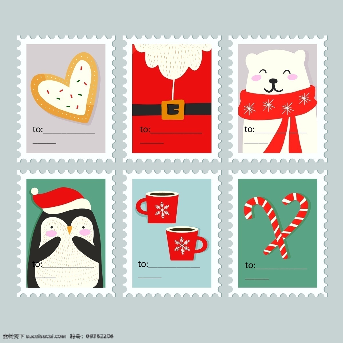邮票 边框 圣诞节 标签 彩色 心形 矢量素材 企鹅 圣诞老人 白熊 咖啡杯 糖果 明信片