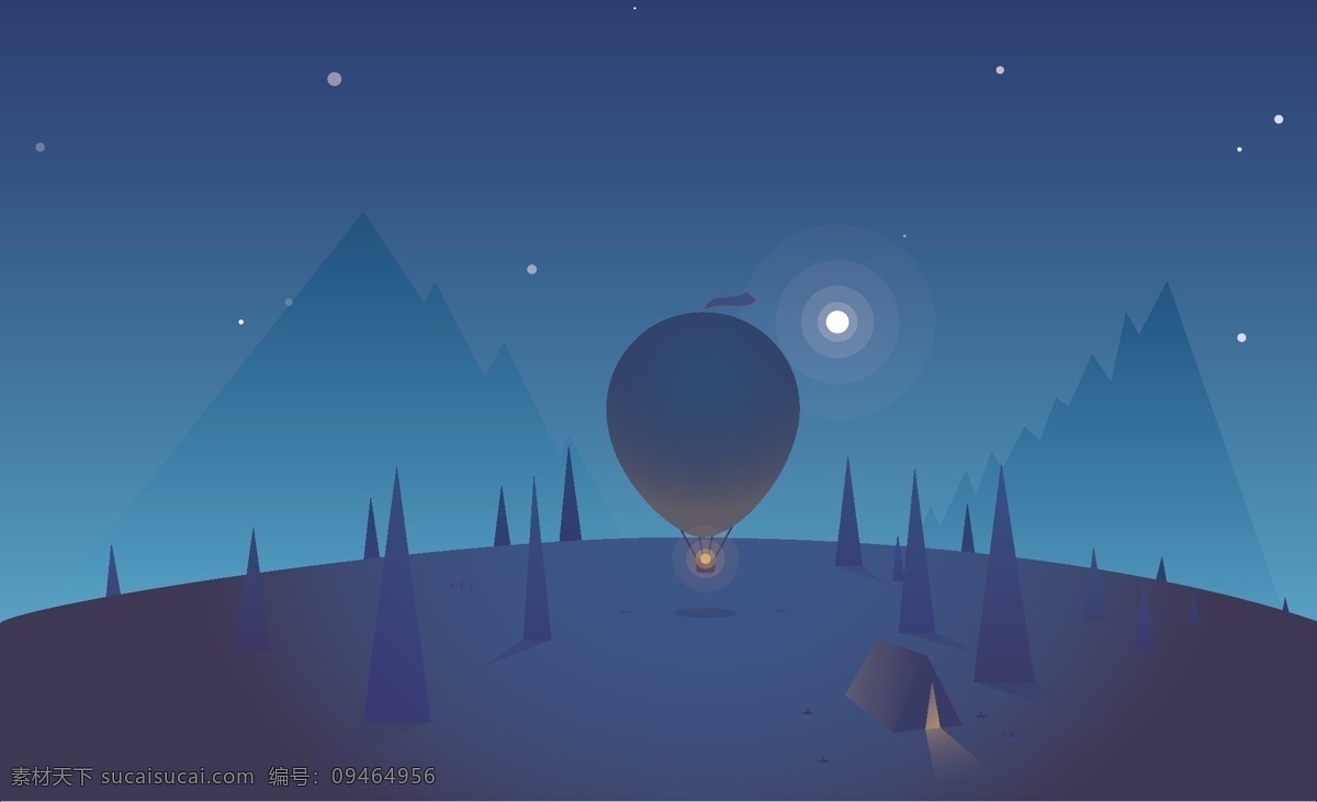 扁平化 夜空 深山 插画 背景配图 宁静 热气球 意境