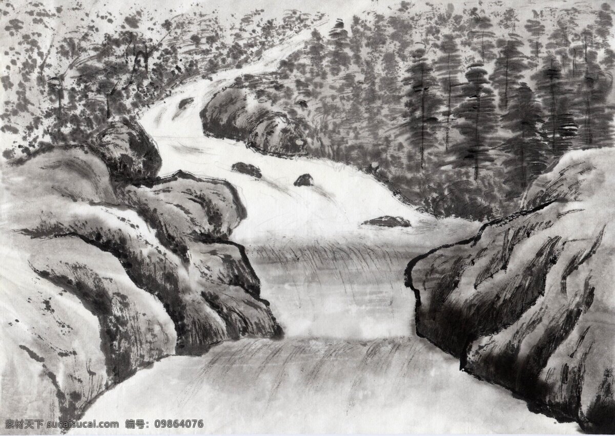 小溪免费下载 山水 水墨画 小溪 家居装饰素材 山水风景画