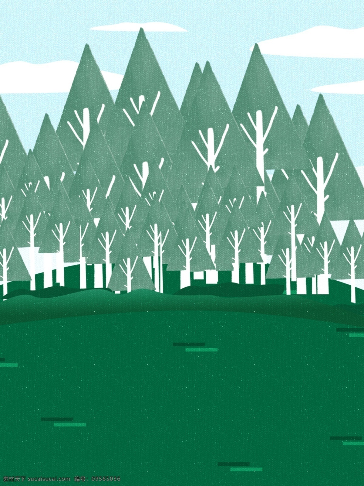 墨绿色 全 原创 小 清新 森林 树林 草地 背景 卡通 树木 蓝天白云 手绘 h5 竖版 广告背景